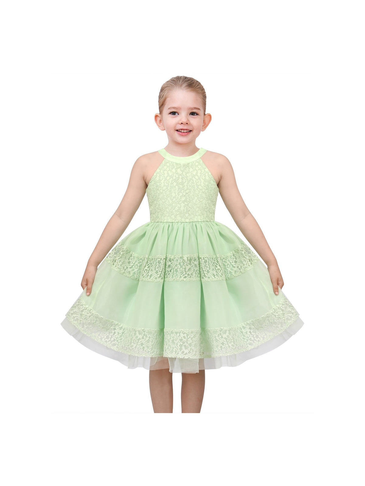 Girls Dress White Lace Halter Sleeveless Special Occasion Formal Party Summer Dresses Light Green Lace