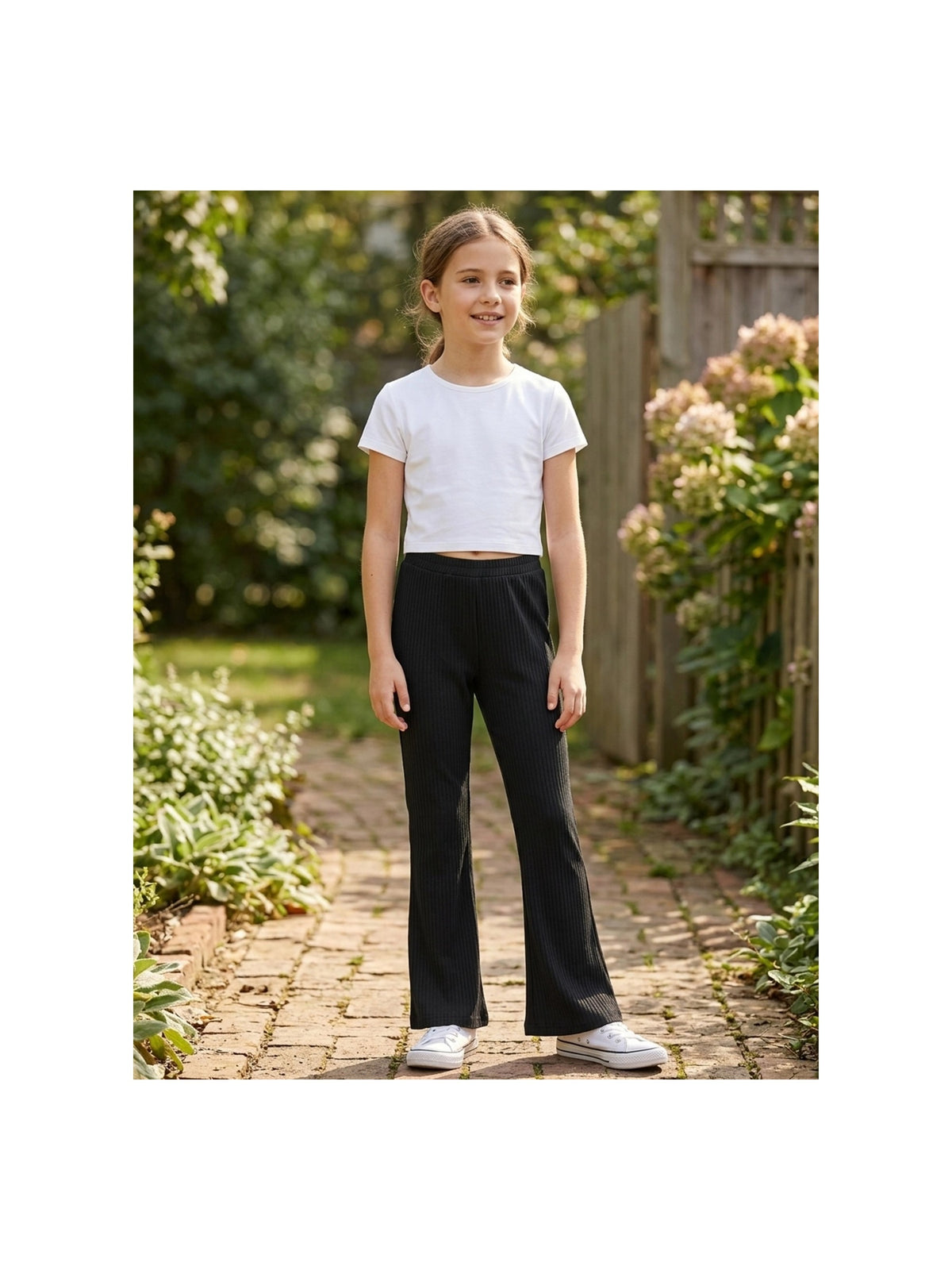 Girls Pants Navy Ribbed Knit Flared Leg Casual Elastic Waist Cotton Blend Pants Black Ribbed