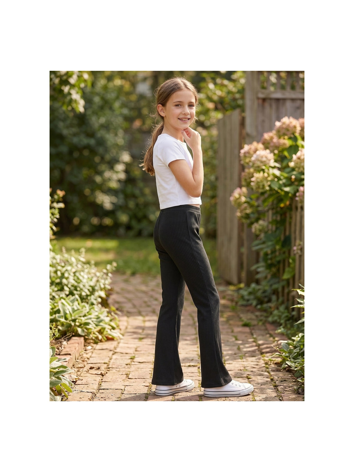 Girls Pants Navy Ribbed Knit Flared Leg Casual Elastic Waist Cotton Blend Pants Black Ribbed
