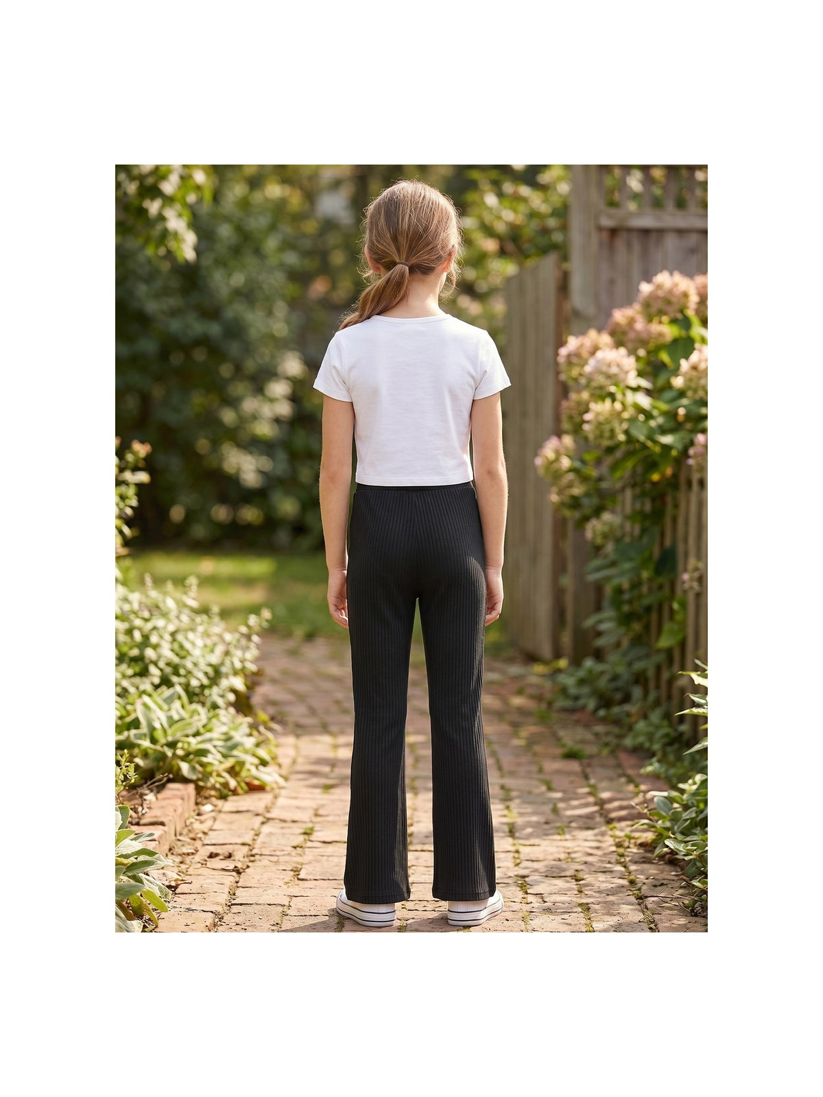 Girls Pants Navy Ribbed Knit Flared Leg Casual Elastic Waist Cotton Blend Pants Black Ribbed