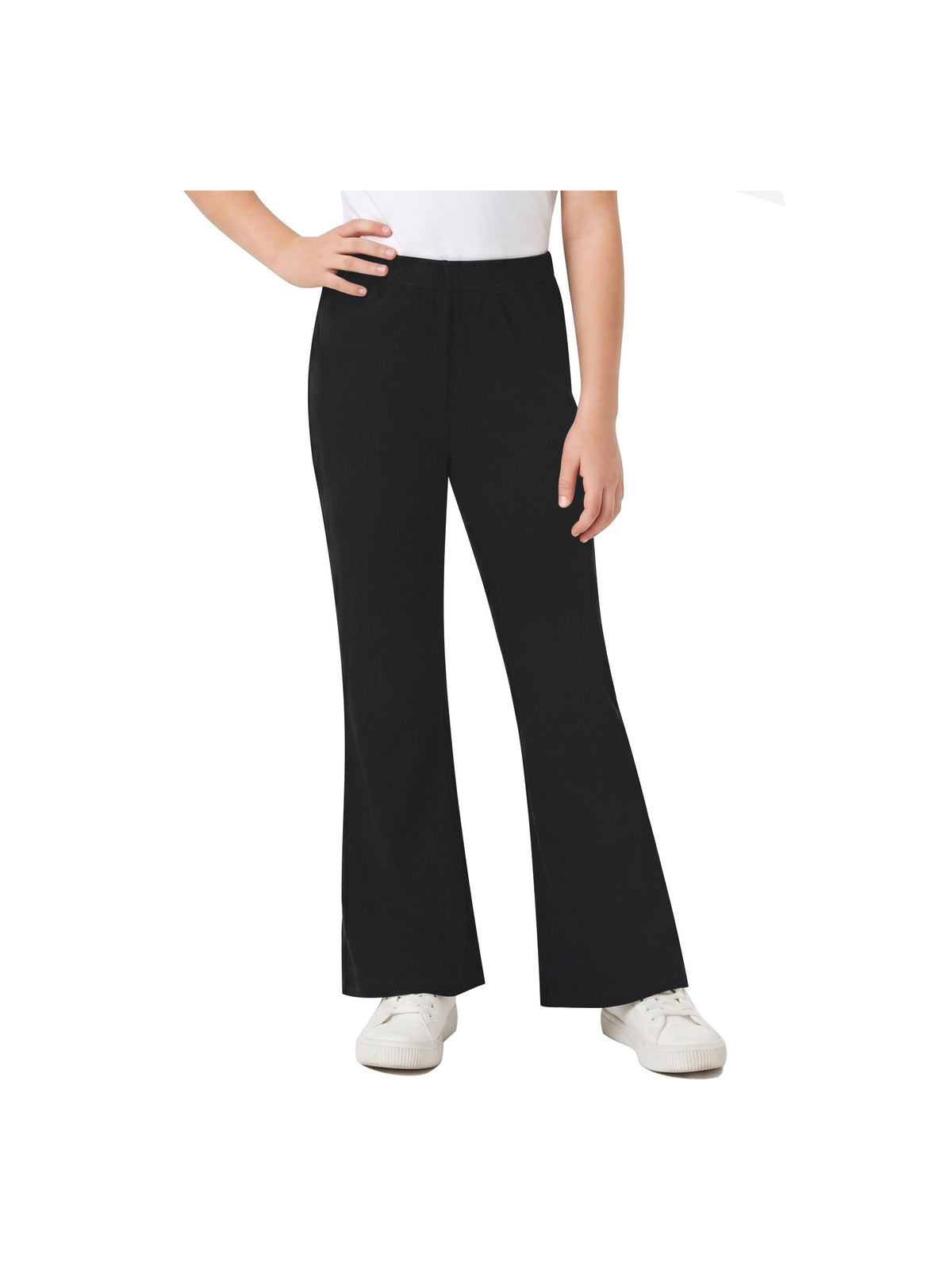 Girls Pants Navy Ribbed Knit Flared Leg Casual Elastic Waist Cotton Blend Pants Black Ribbed