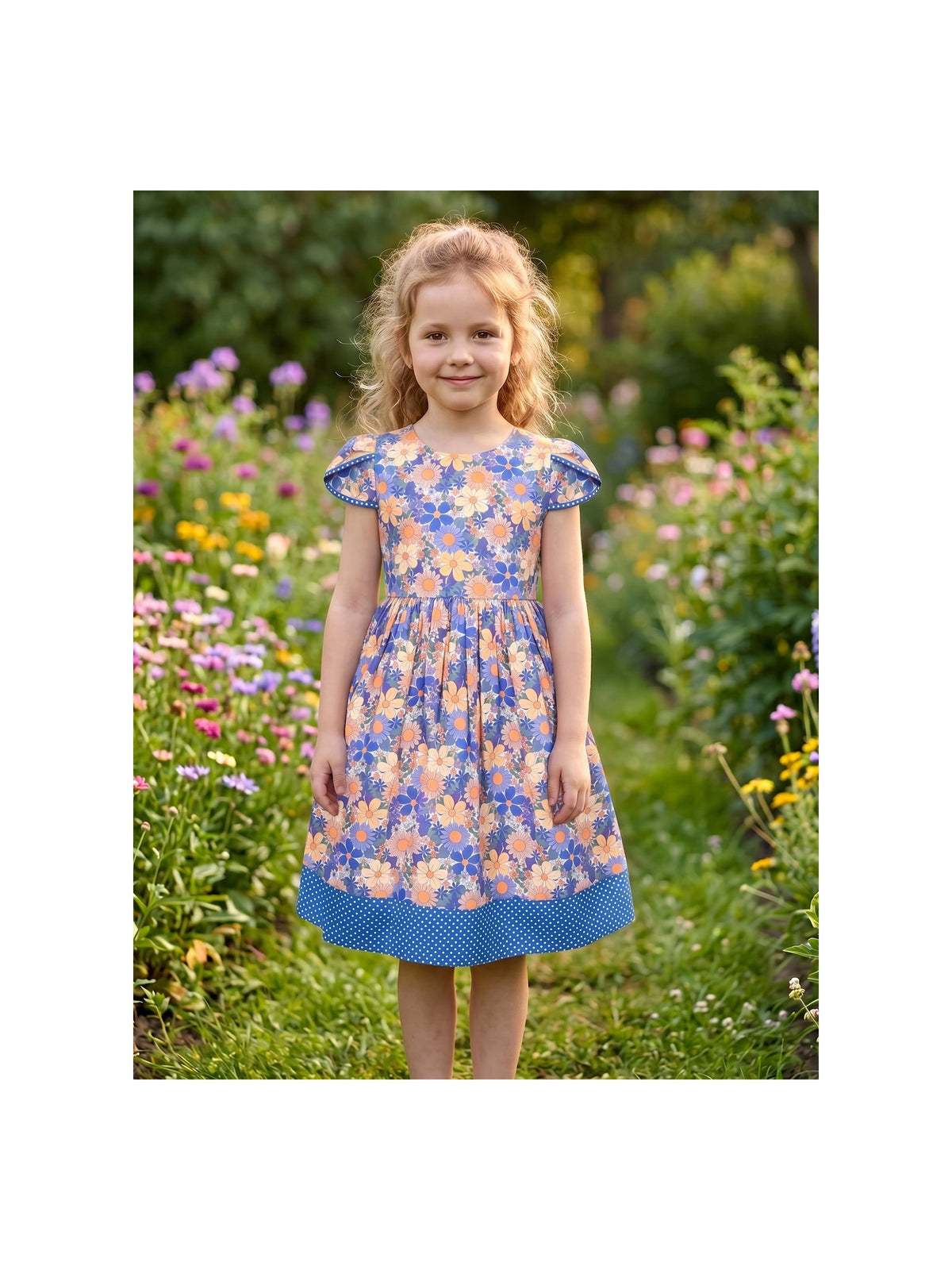 Girls Dress Pink Bow Polka Dot Print Puff Sleeve Casual Cotton Dress With Pockets Blue Floral