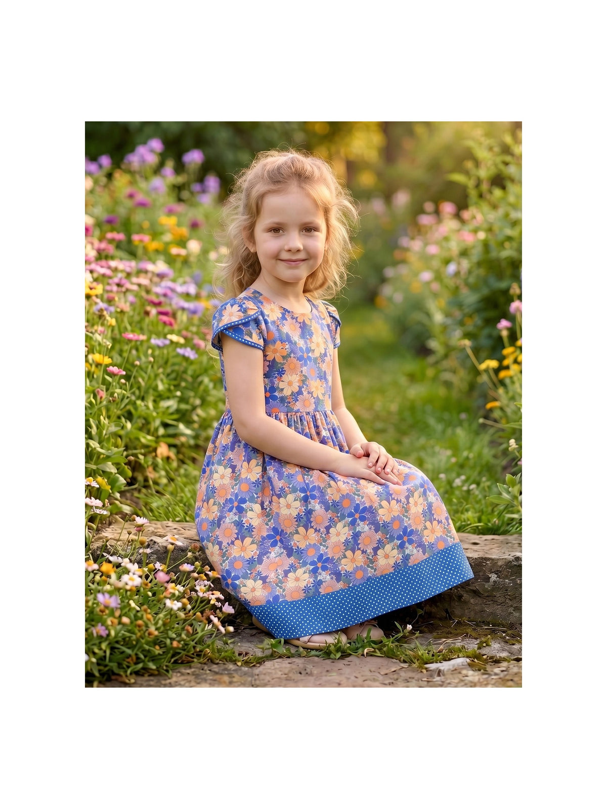 Girls Dress Pink Bow Polka Dot Print Puff Sleeve Casual Cotton Dress With Pockets Blue Floral