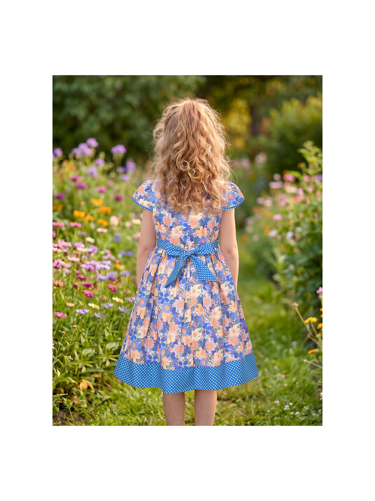 Girls Dress Pink Bow Polka Dot Print Puff Sleeve Casual Cotton Dress With Pockets Blue Floral