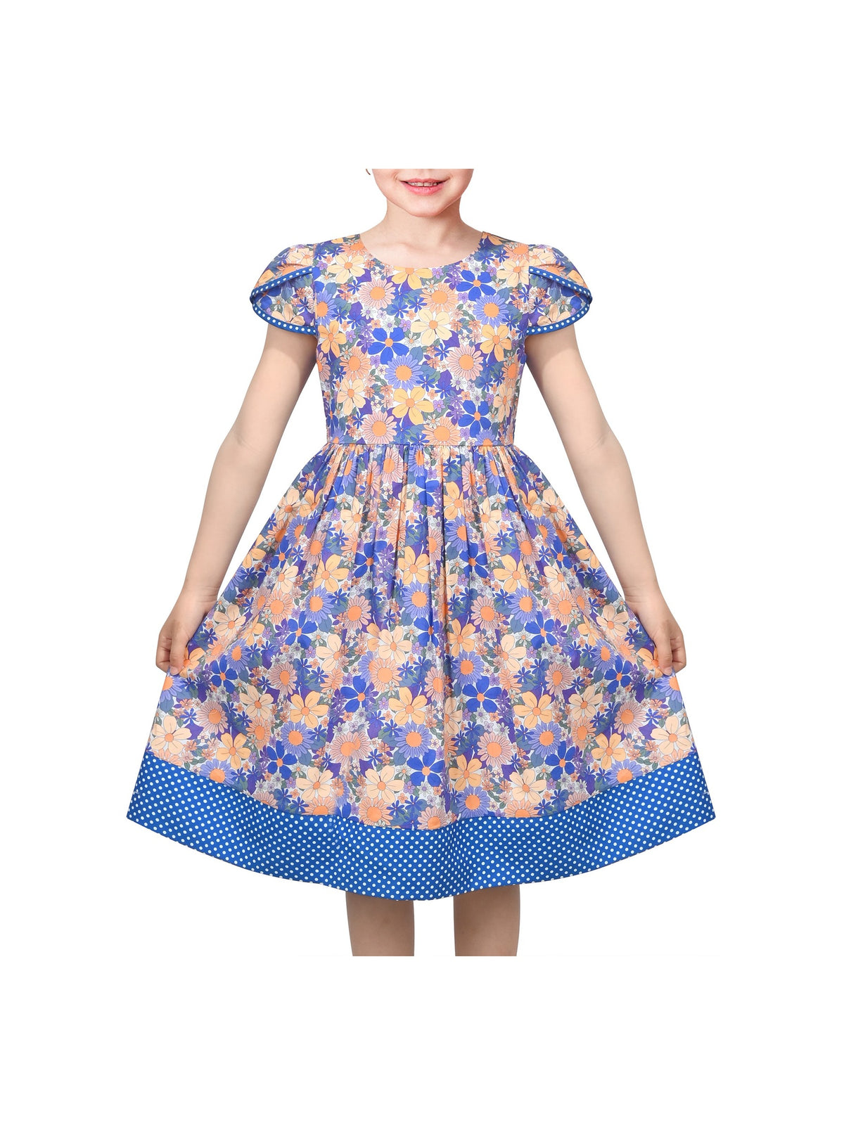 Girls Dress Pink Bow Polka Dot Print Puff Sleeve Casual Cotton Dress With Pockets Blue Floral