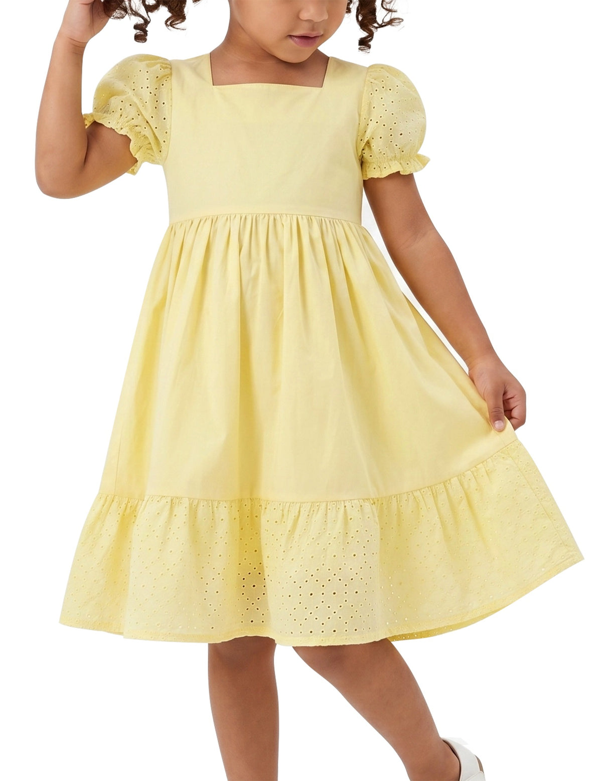 Girls Dress White Polka Dot Square Neck Button Puff Sleeve Vintage Yellow Embroidered
