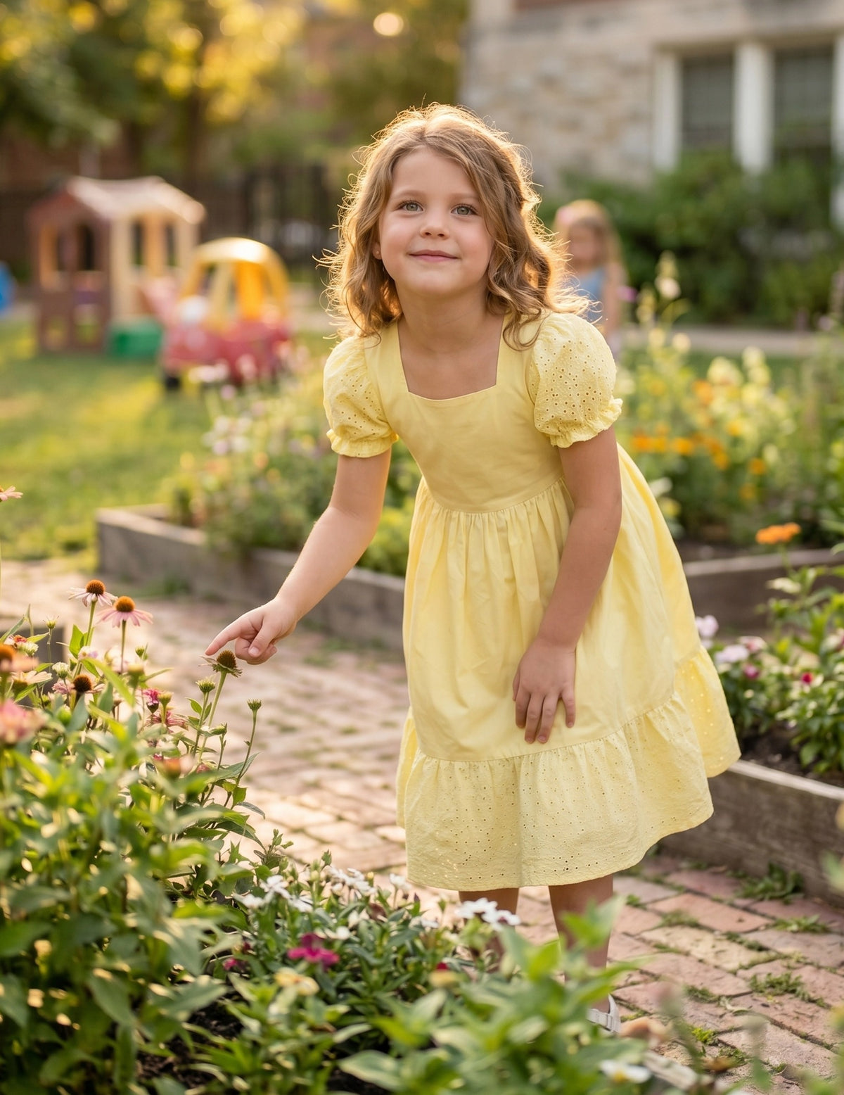 Girls Dress White Polka Dot Square Neck Button Puff Sleeve Vintage Yellow Embroidered