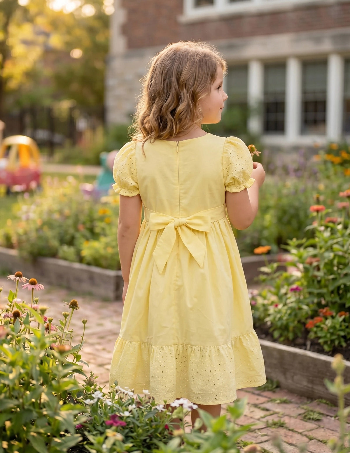 Girls Dress White Polka Dot Square Neck Button Puff Sleeve Vintage Yellow Embroidered
