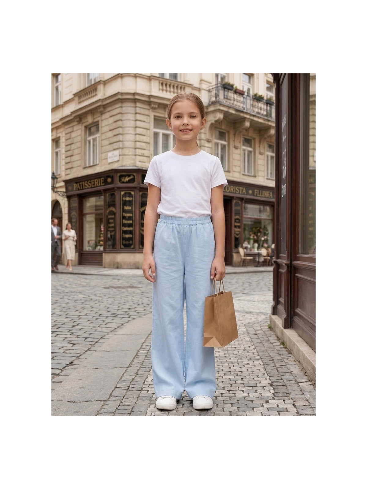 Girls Pants Light Blue Wide Leg Casual Cool Linen Pants with Pockets Light Blue Linen