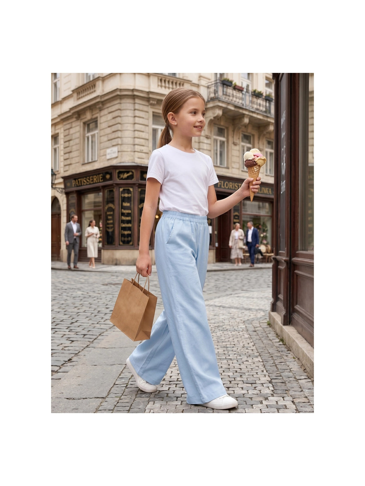 Girls Pants Light Blue Wide Leg Casual Cool Linen Pants with Pockets Light Blue Linen