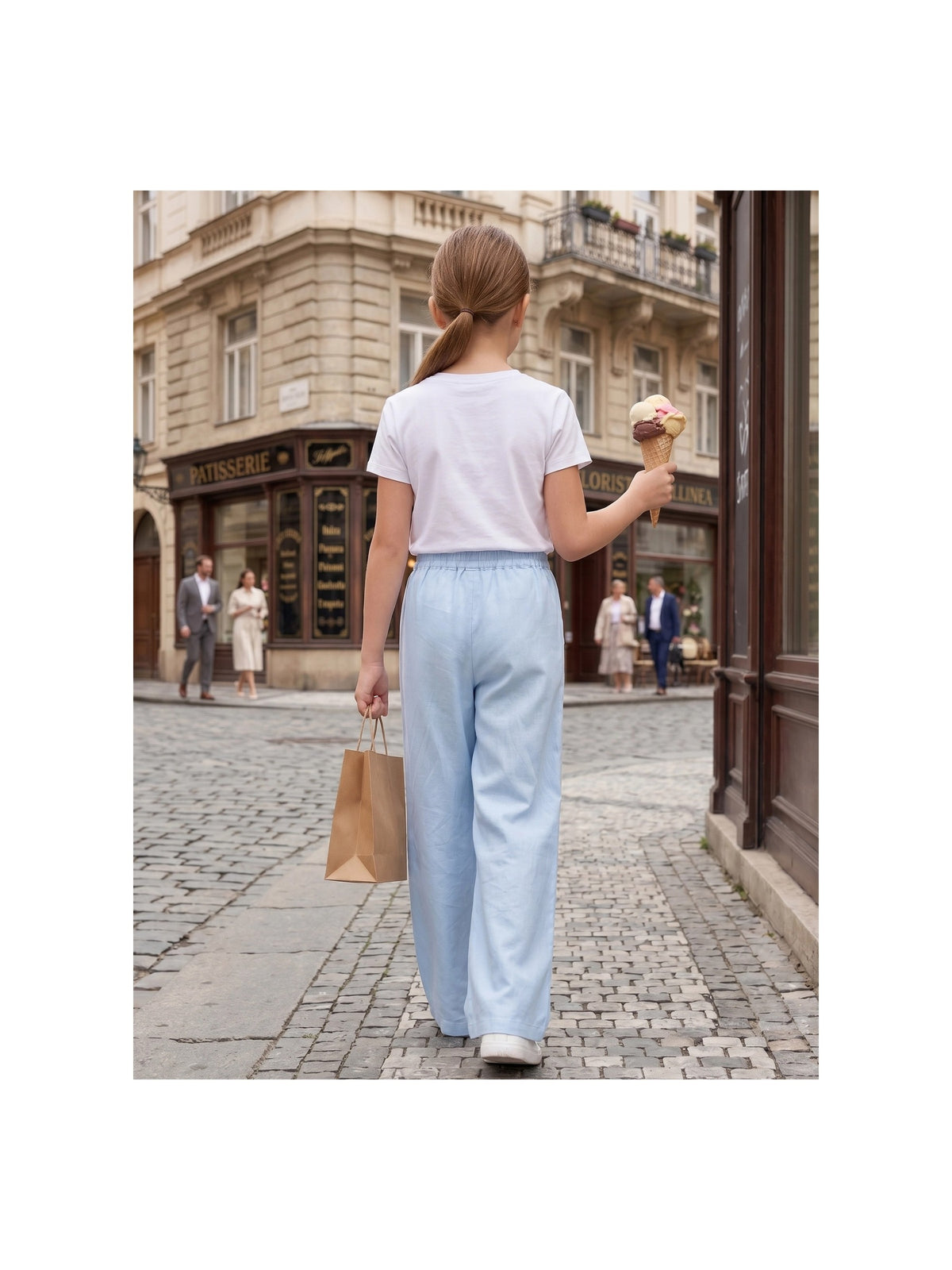 Girls Pants Light Blue Wide Leg Casual Cool Linen Pants with Pockets Light Blue Linen