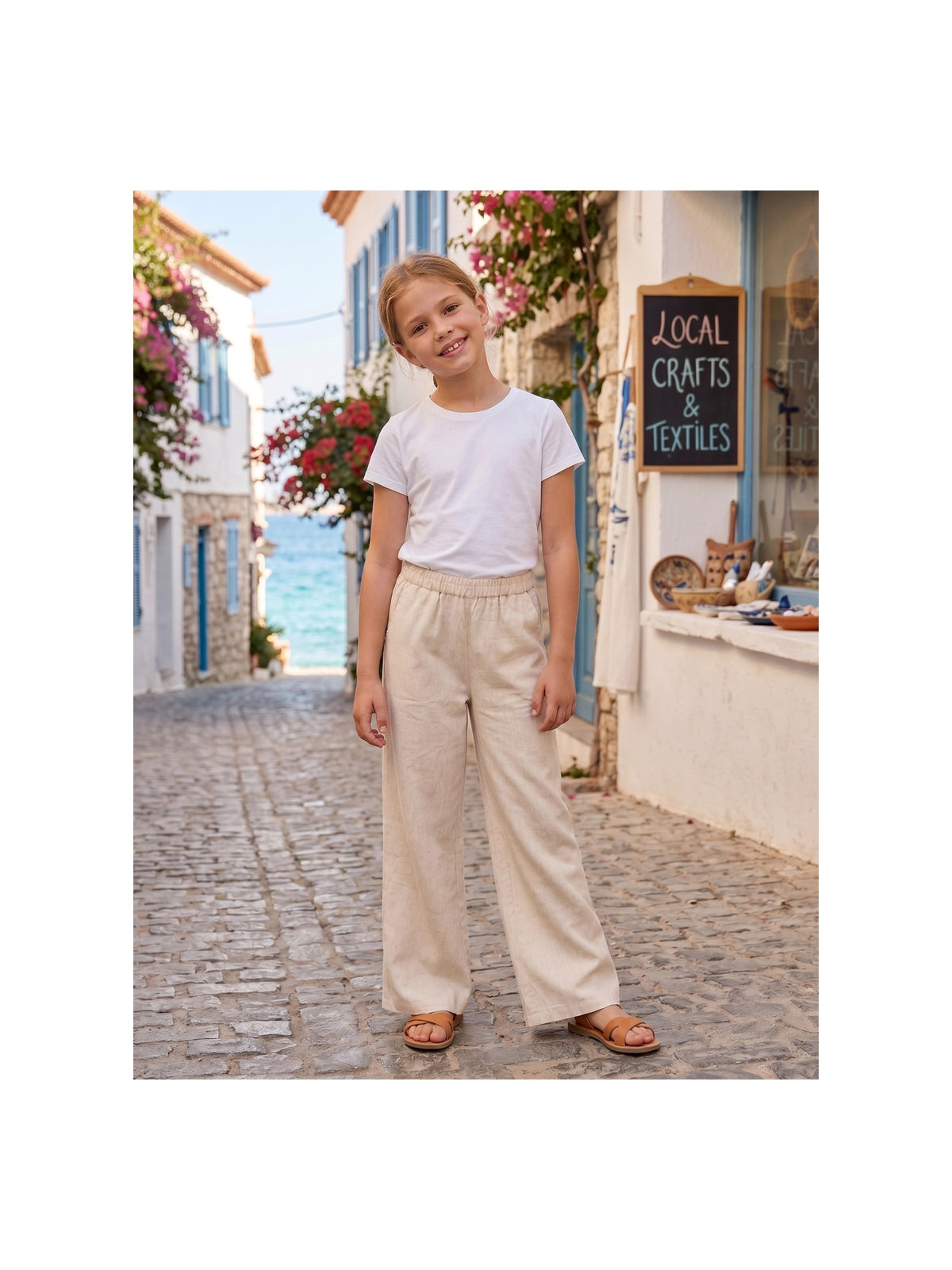 Girls Pants Light Blue Wide Leg Casual Cool Linen Pants with Pockets Beige Linen