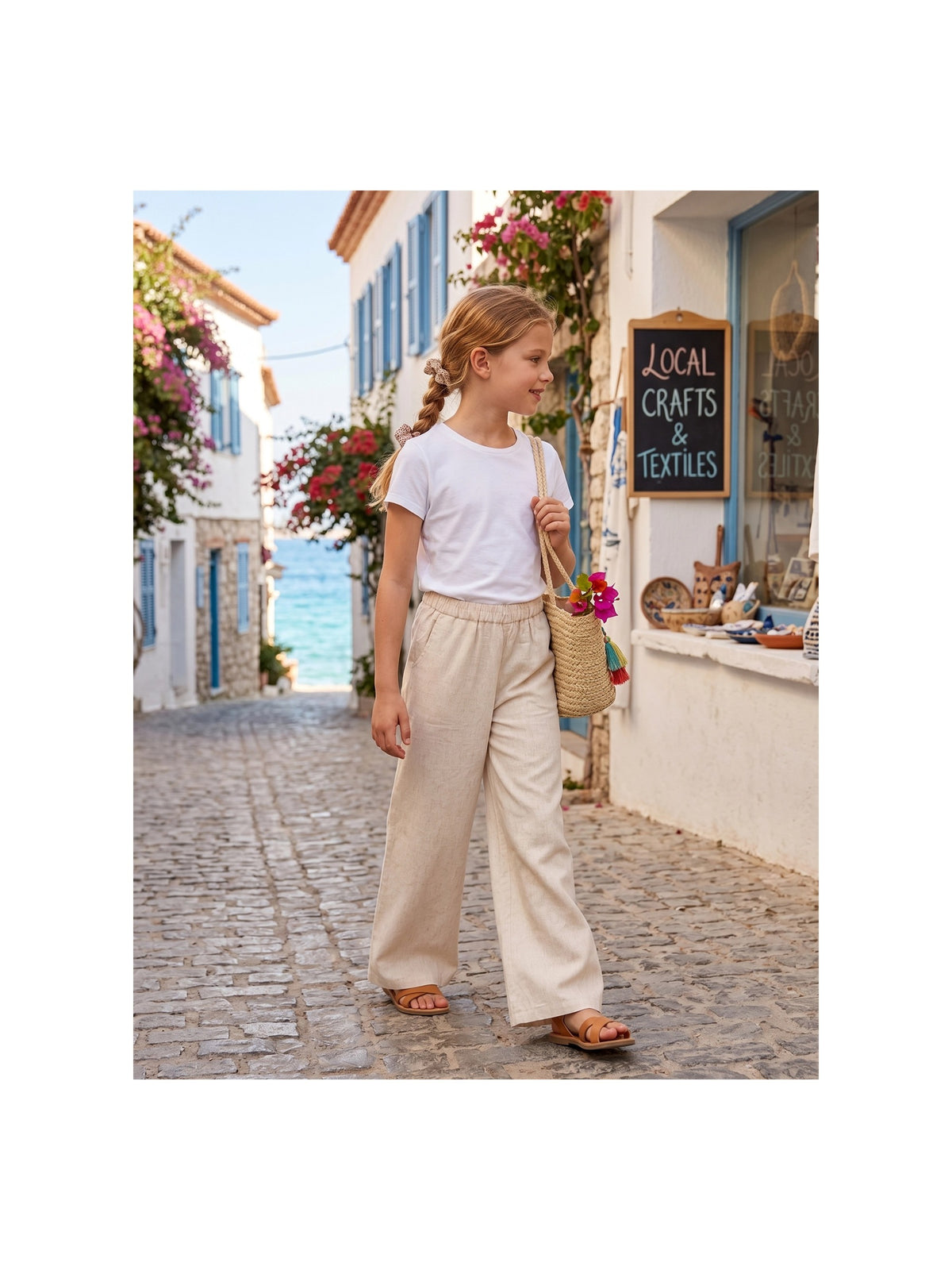 Girls Pants Light Blue Wide Leg Casual Cool Linen Pants with Pockets Beige Linen