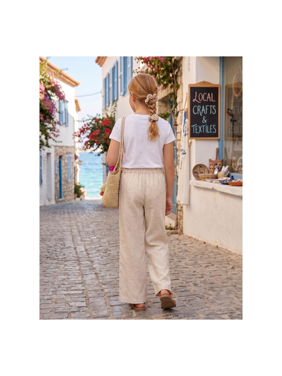Girls Pants Light Blue Wide Leg Casual Cool Linen Pants with Pockets Beige Linen