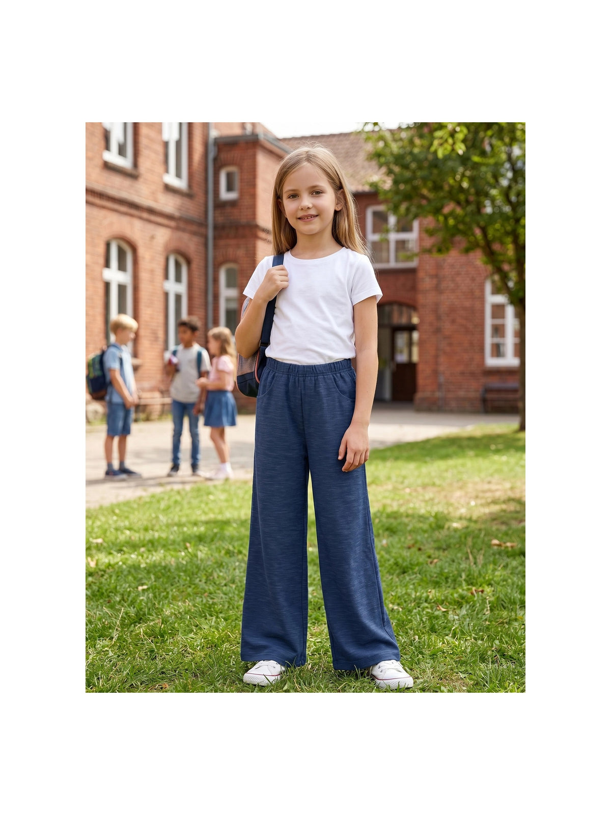 Girls Pants Light Blue Wide Leg Casual Cool Linen Pants with Pockets Blue Slub