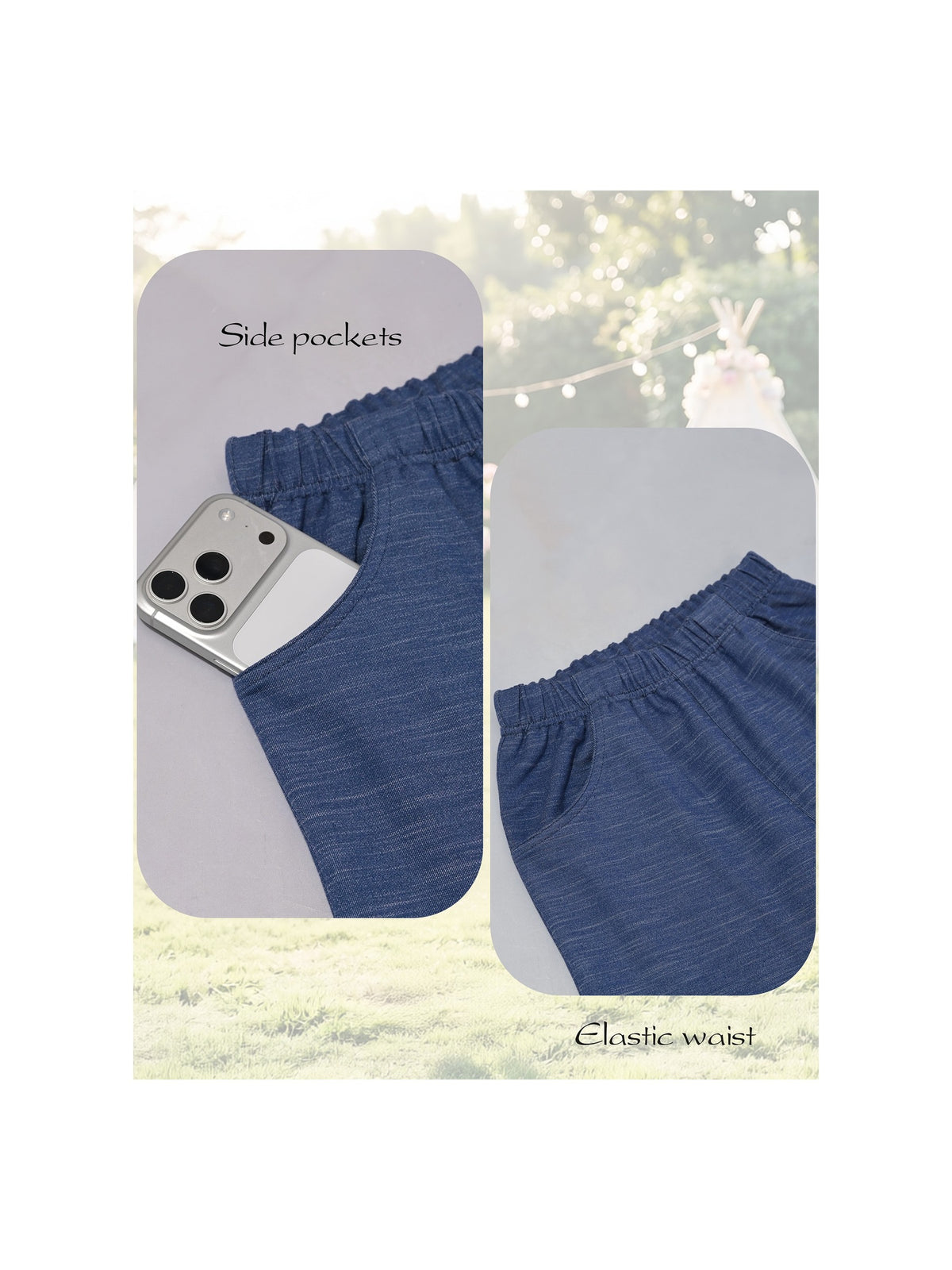 Girls Pants Light Blue Wide Leg Casual Cool Linen Pants with Pockets Blue Slub
