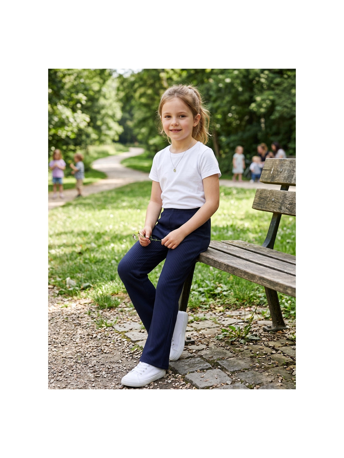 Girls Pants Navy Ribbed Knit Flared Leg Casual Elastic Waist Cotton Blend Pants Navy Ribbed
