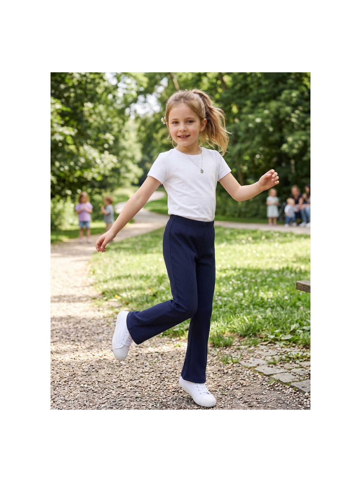 Girls Pants Navy Ribbed Knit Flared Leg Casual Elastic Waist Cotton Blend Pants Navy Ribbed