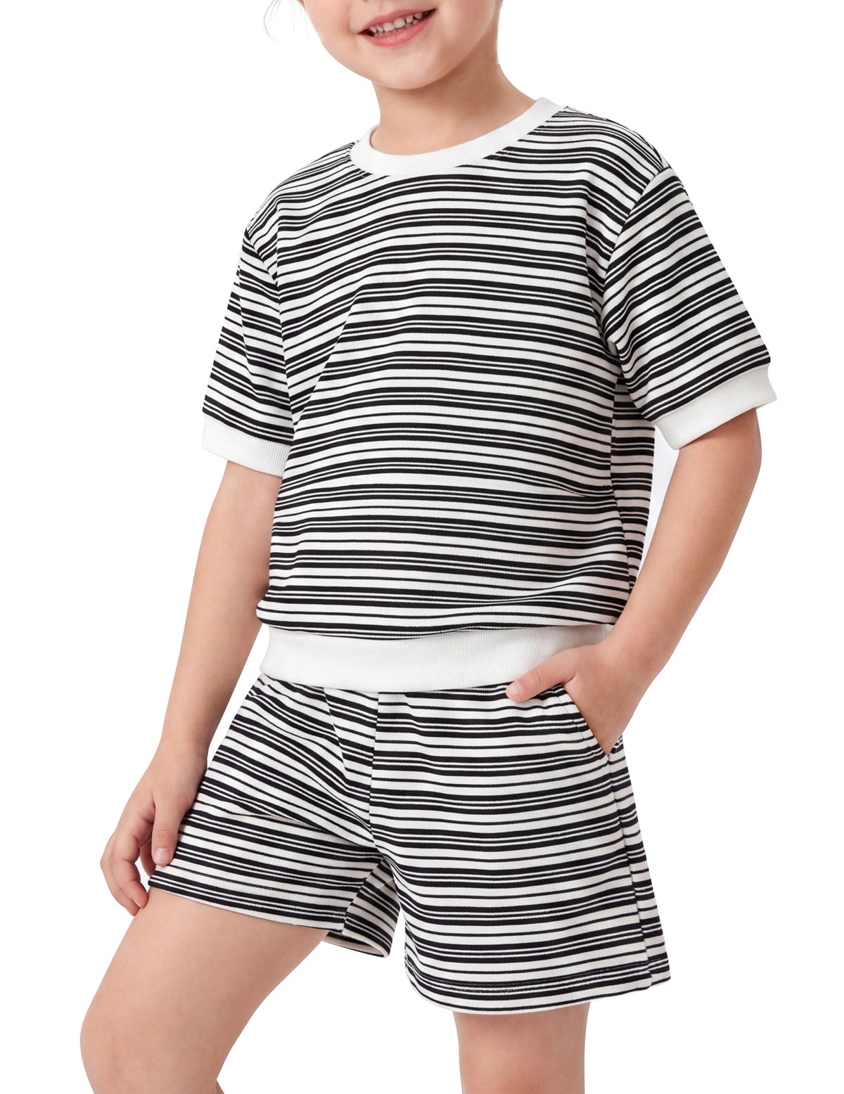 Girls Tee Sport Clothing Outfit Set Glitter Heart s Short Sleeve - Beige Striped