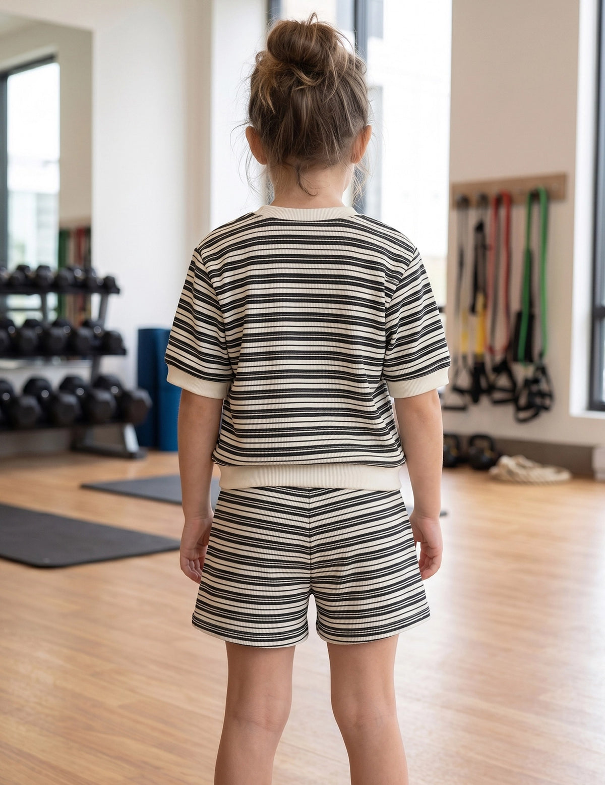 Girls Tee Sport Clothing Outfit Set Glitter Heart s Short Sleeve - Beige Striped