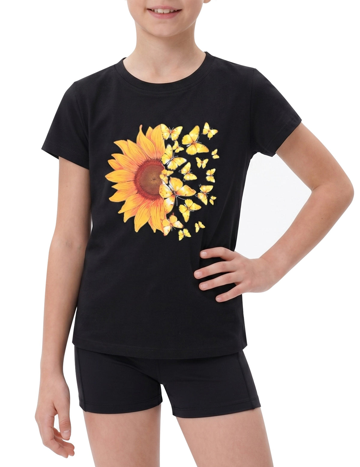 Girls T-Shirt White Sunflower Butterfly Graphic Short Sleeve Casual Cotton Blend Top Black Butterfly Sunflower