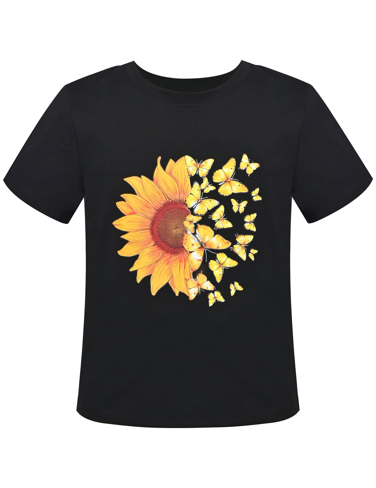 Girls T-Shirt White Sunflower Butterfly Graphic Short Sleeve Casual Cotton Blend Top Black Butterfly Sunflower