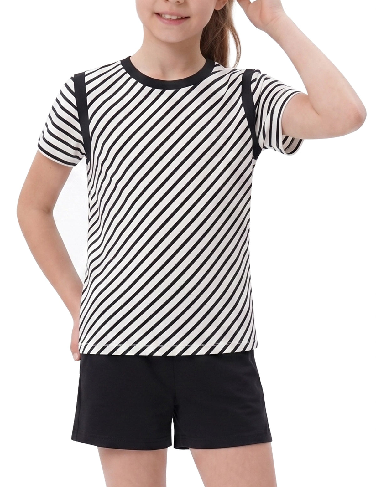 Girls T-shirt Crop Top Pink Lettuce Trim Ribbed Knit Crewneck Daily Black White Striped