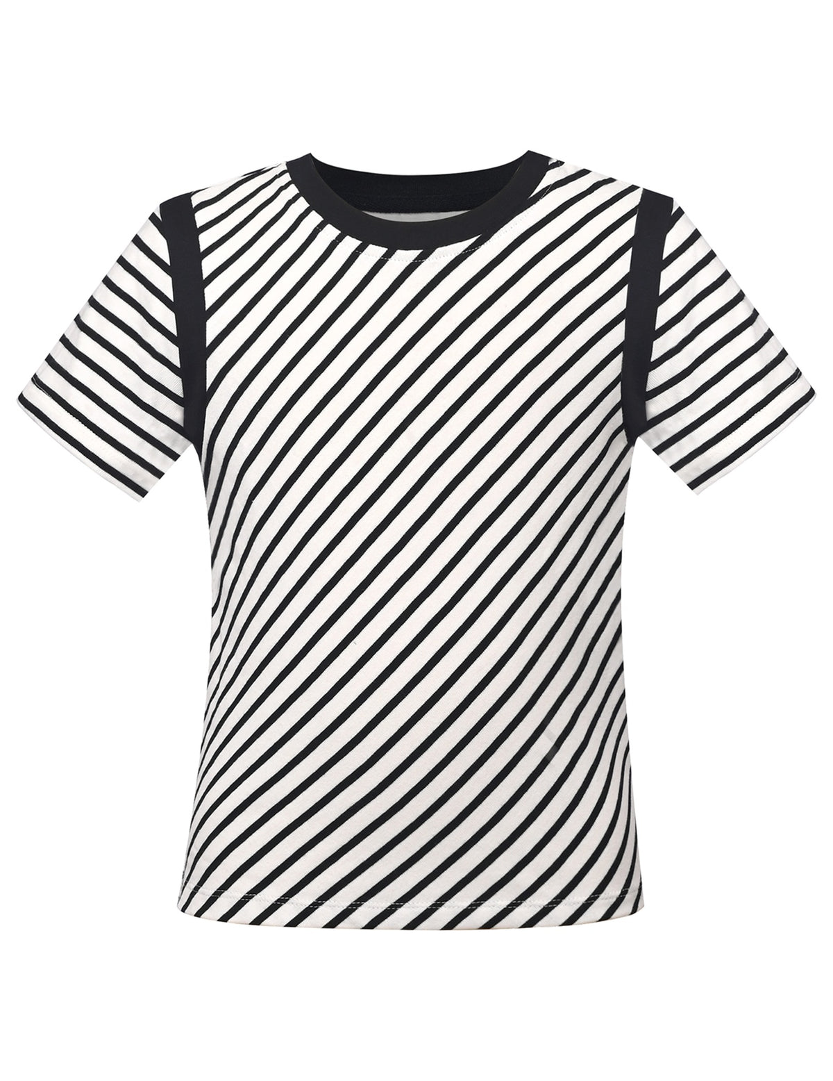 Girls T-shirt Crop Top Pink Lettuce Trim Ribbed Knit Crewneck Daily Black White Striped