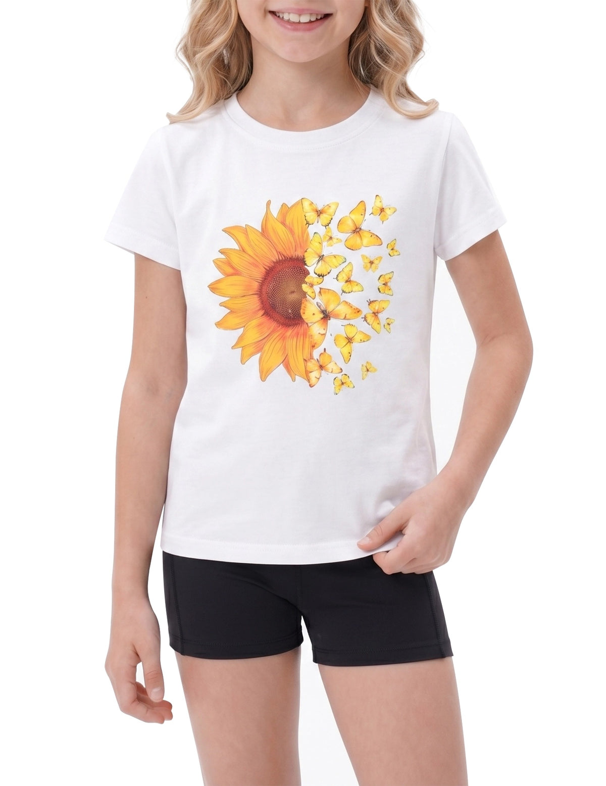 Girls T-Shirt White Sunflower Butterfly Graphic Short Sleeve Casual Cotton Blend Top White Sunflower