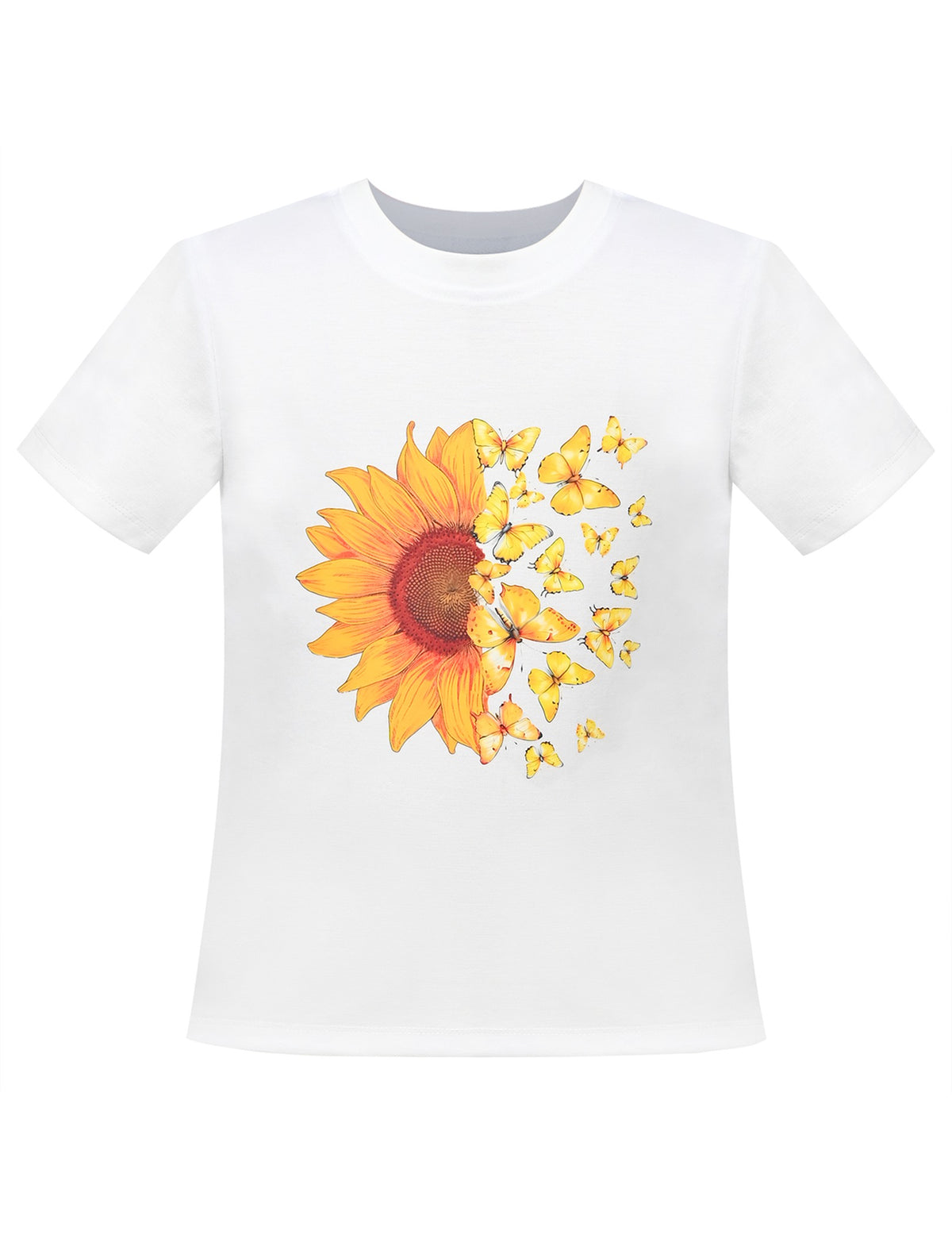 Girls T-Shirt White Sunflower Butterfly Graphic Short Sleeve Casual Cotton Blend Top White Sunflower