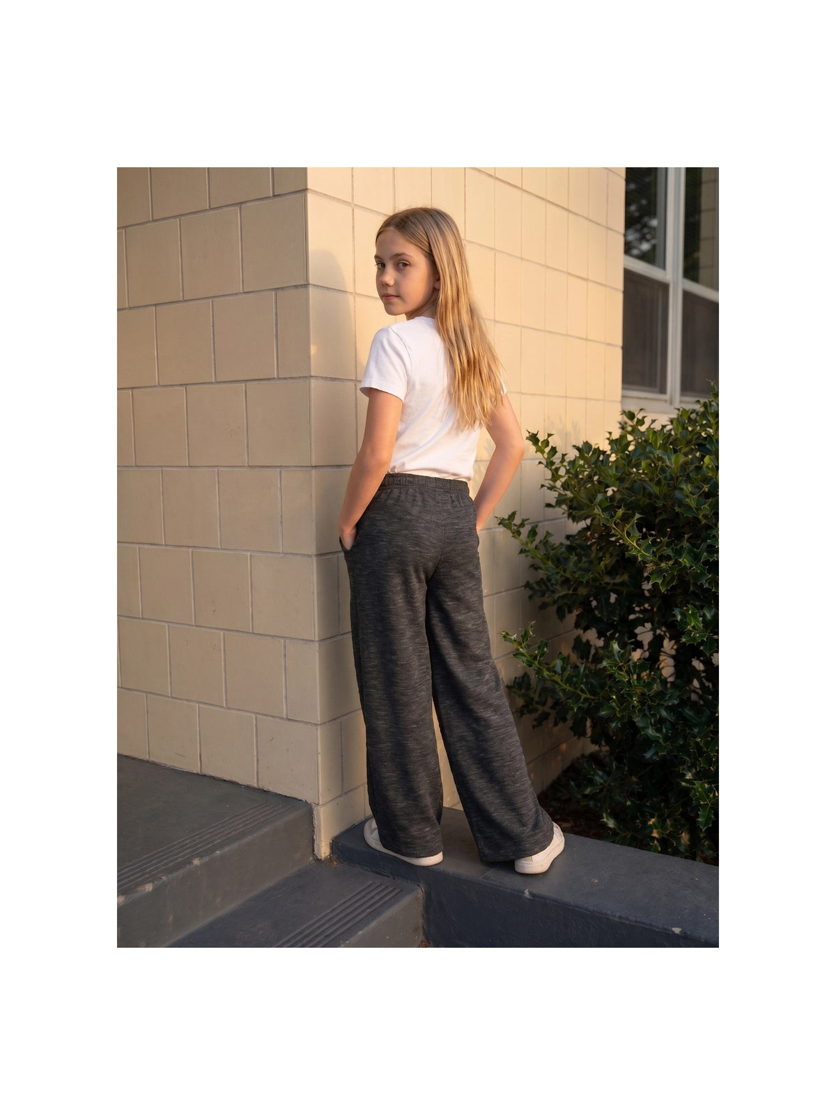 Girls Pants Light Blue Wide Leg Casual Cool Linen Pants with Pockets Black Slub
