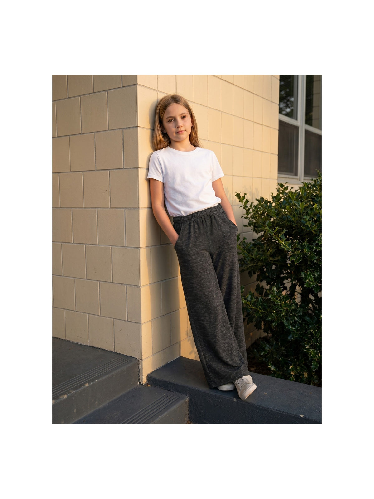 Girls Pants Light Blue Wide Leg Casual Cool Linen Pants with Pockets Black Slub