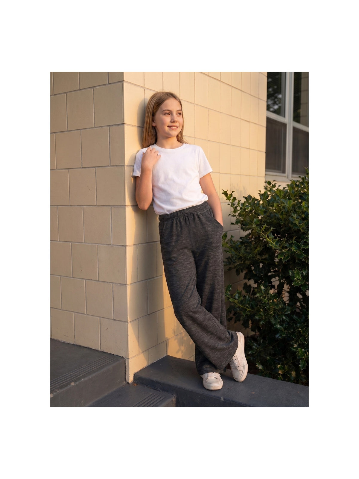 Girls Pants Light Blue Wide Leg Casual Cool Linen Pants with Pockets Black Slub