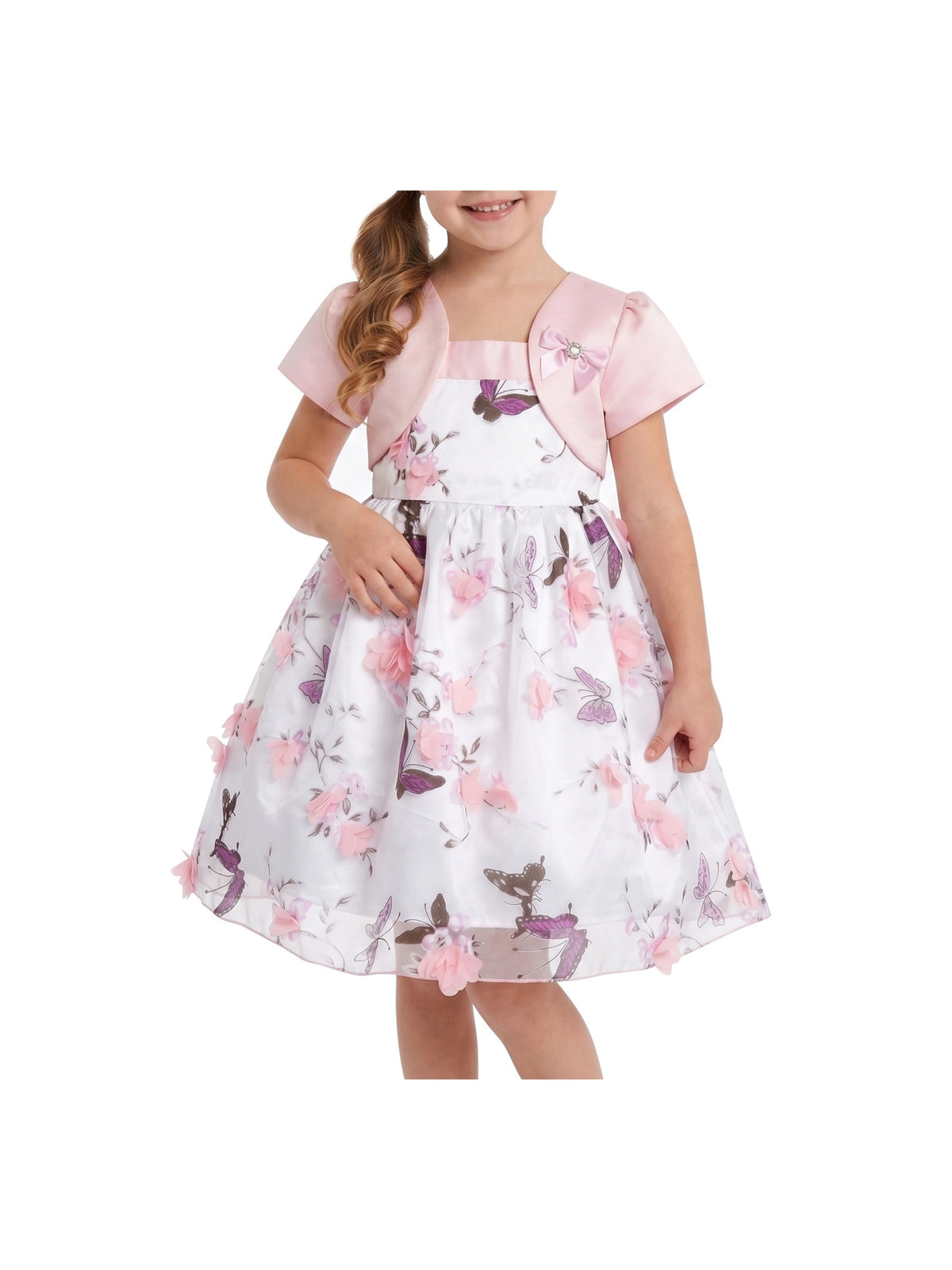 Girls Dress Toddler Pink 3D Floral Butterfly Faux Bodice Party Birthday Satin Tulle Pink Floral