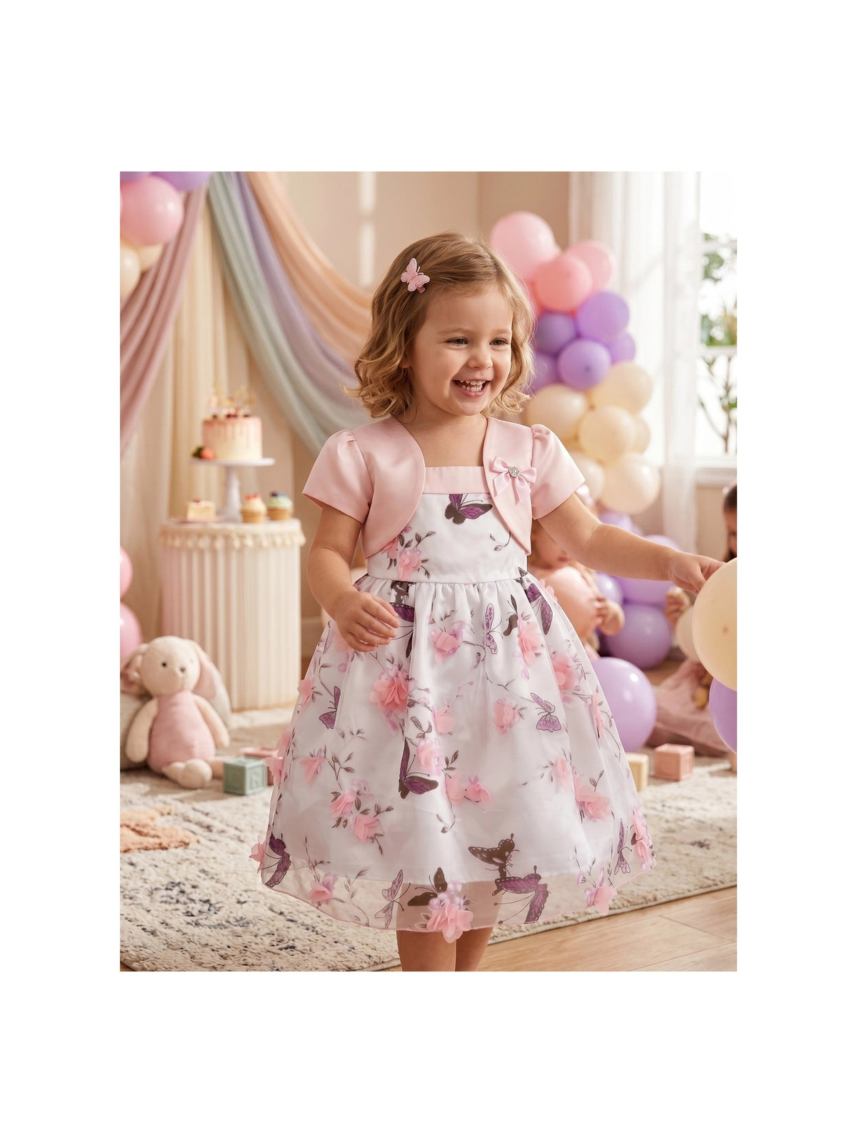 Girls Dress Toddler Pink 3D Floral Butterfly Faux Bodice Party Birthday Satin Tulle Pink Floral