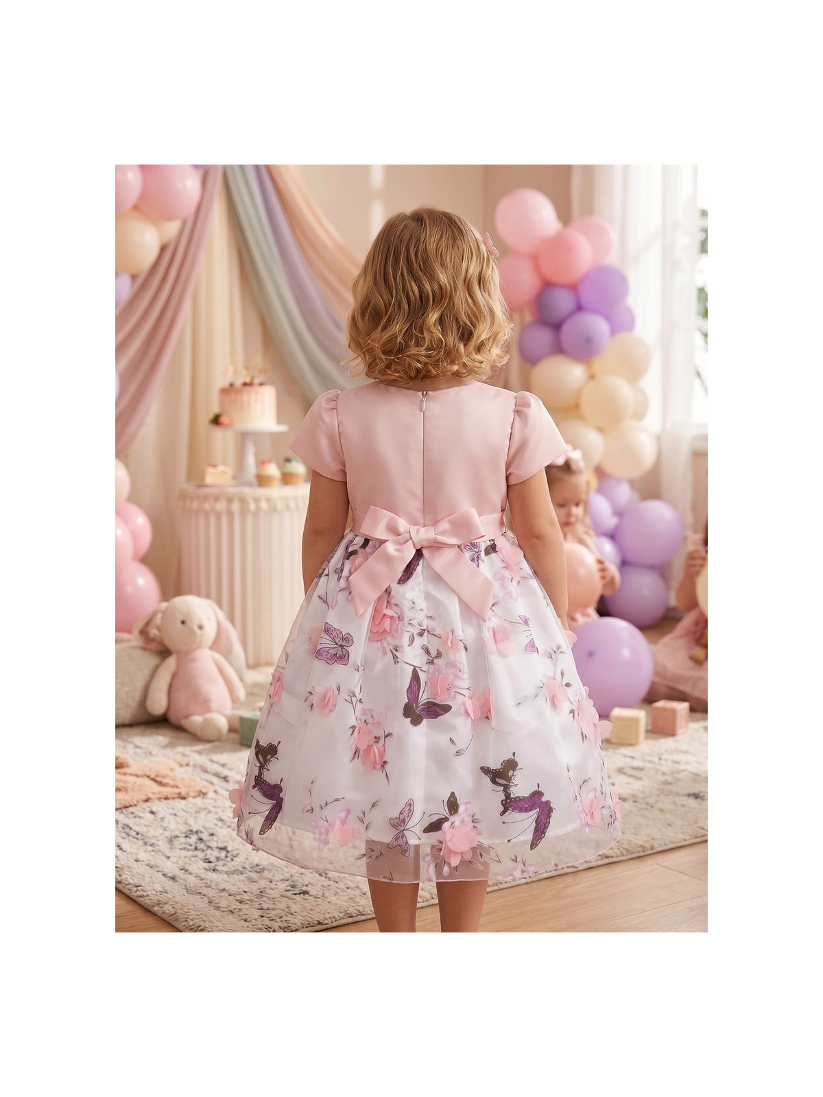 Girls Dress Toddler Pink 3D Floral Butterfly Faux Bodice Party Birthday Satin Tulle Pink Floral