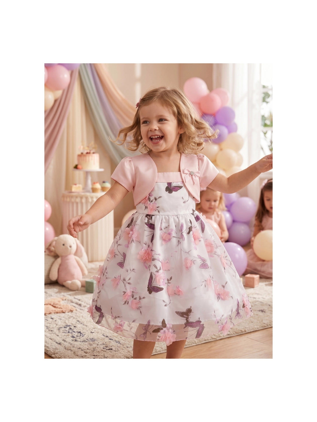 Girls Dress Toddler Pink 3D Floral Butterfly Faux Bodice Party Birthday Satin Tulle Pink Floral