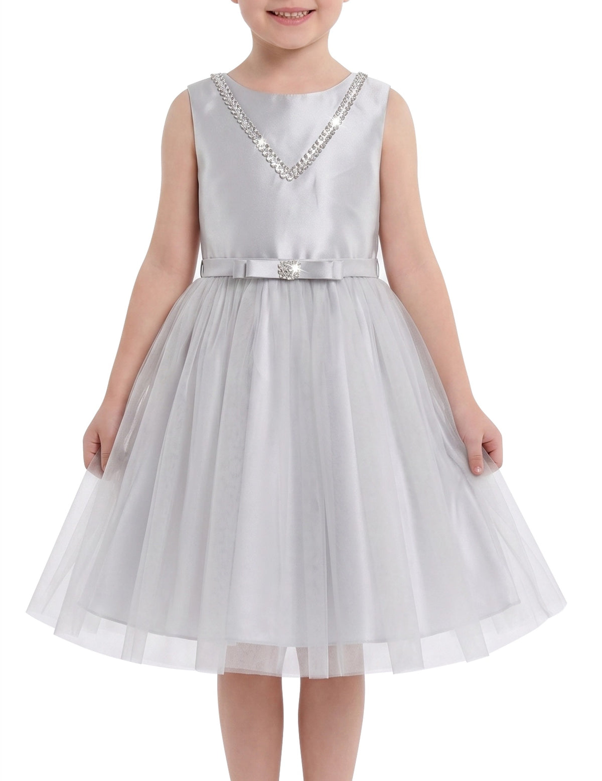 Flower Girl Dress Damask Jacquard Organza Tulle Wedding Pageant Princess Grey Rhinestone