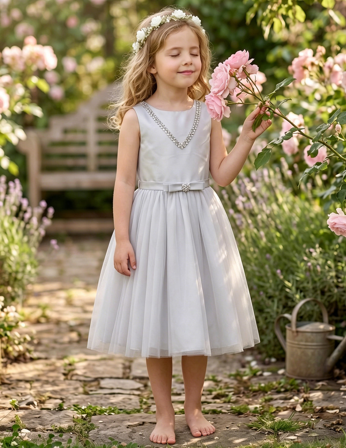 Flower Girl Dress Damask Jacquard Organza Tulle Wedding Pageant Princess Grey Rhinestone