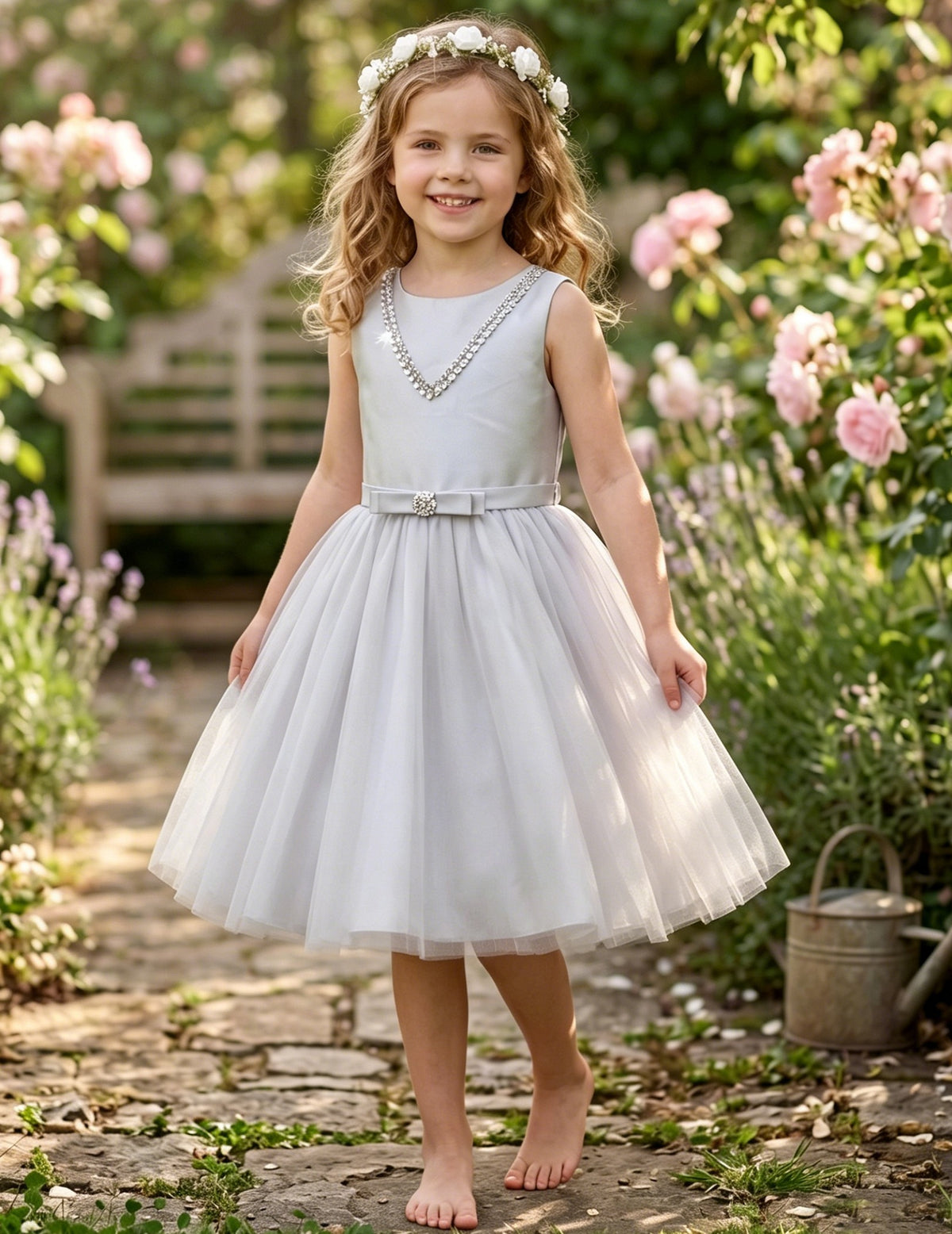 Flower Girl Dress Damask Jacquard Organza Tulle Wedding Pageant Princess Grey Rhinestone