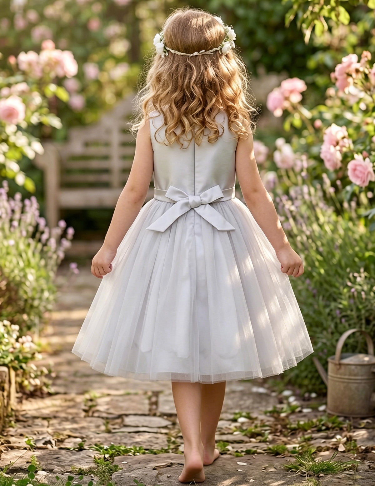 Flower Girl Dress Damask Jacquard Organza Tulle Wedding Pageant Princess Grey Rhinestone