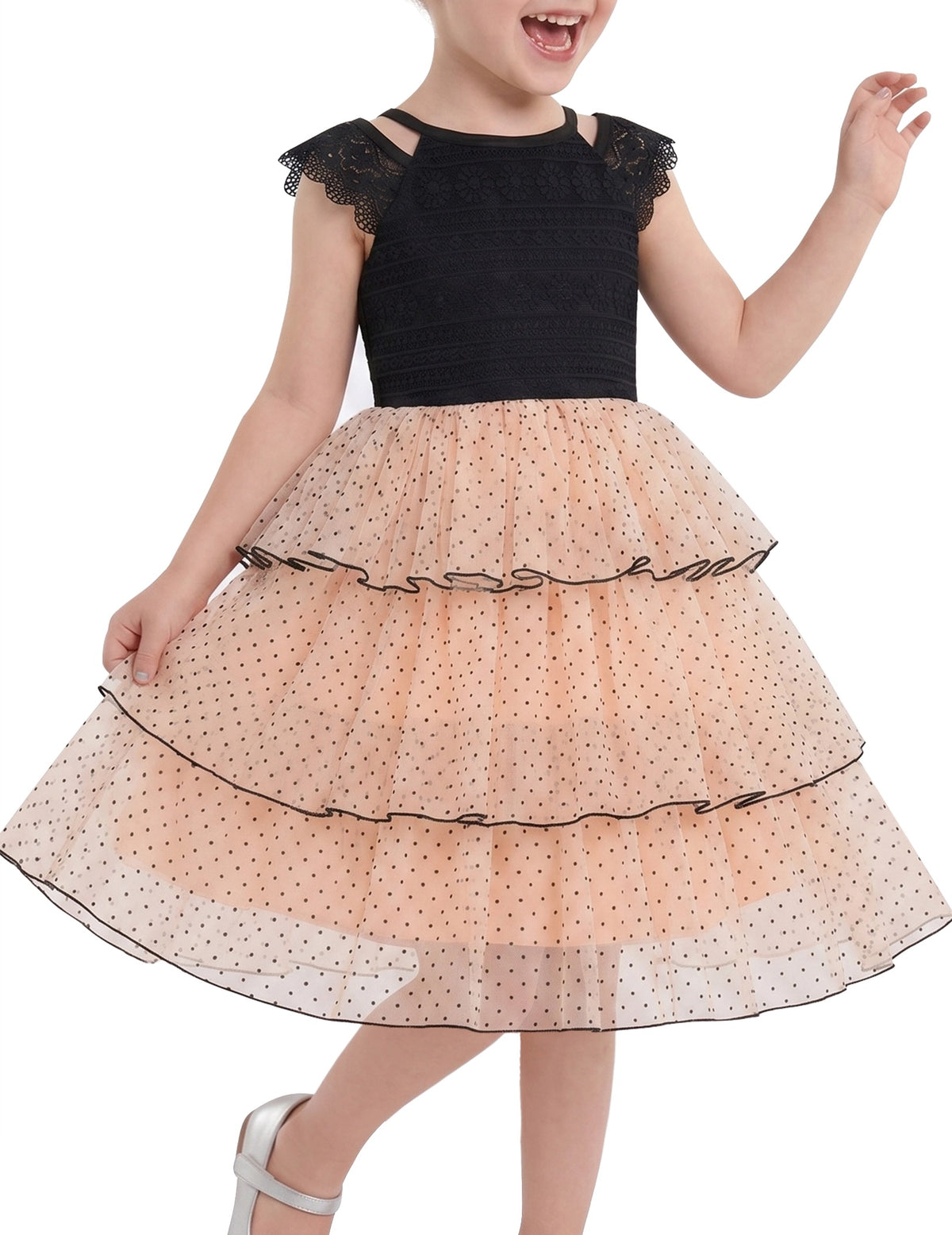 Girls Dress Purple Lace V Neck Tulle Layered Party Wedding Birthday Pageant Blush Polka Dot