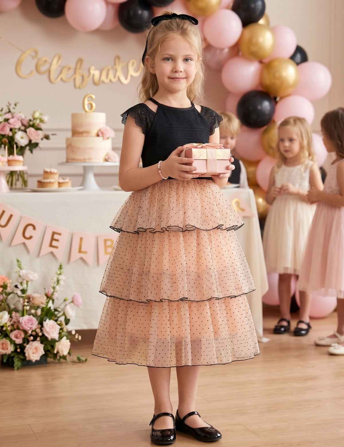 Girls Dress Purple Lace V Neck Tulle Layered Party Wedding Birthday Pageant Blush Polka Dot