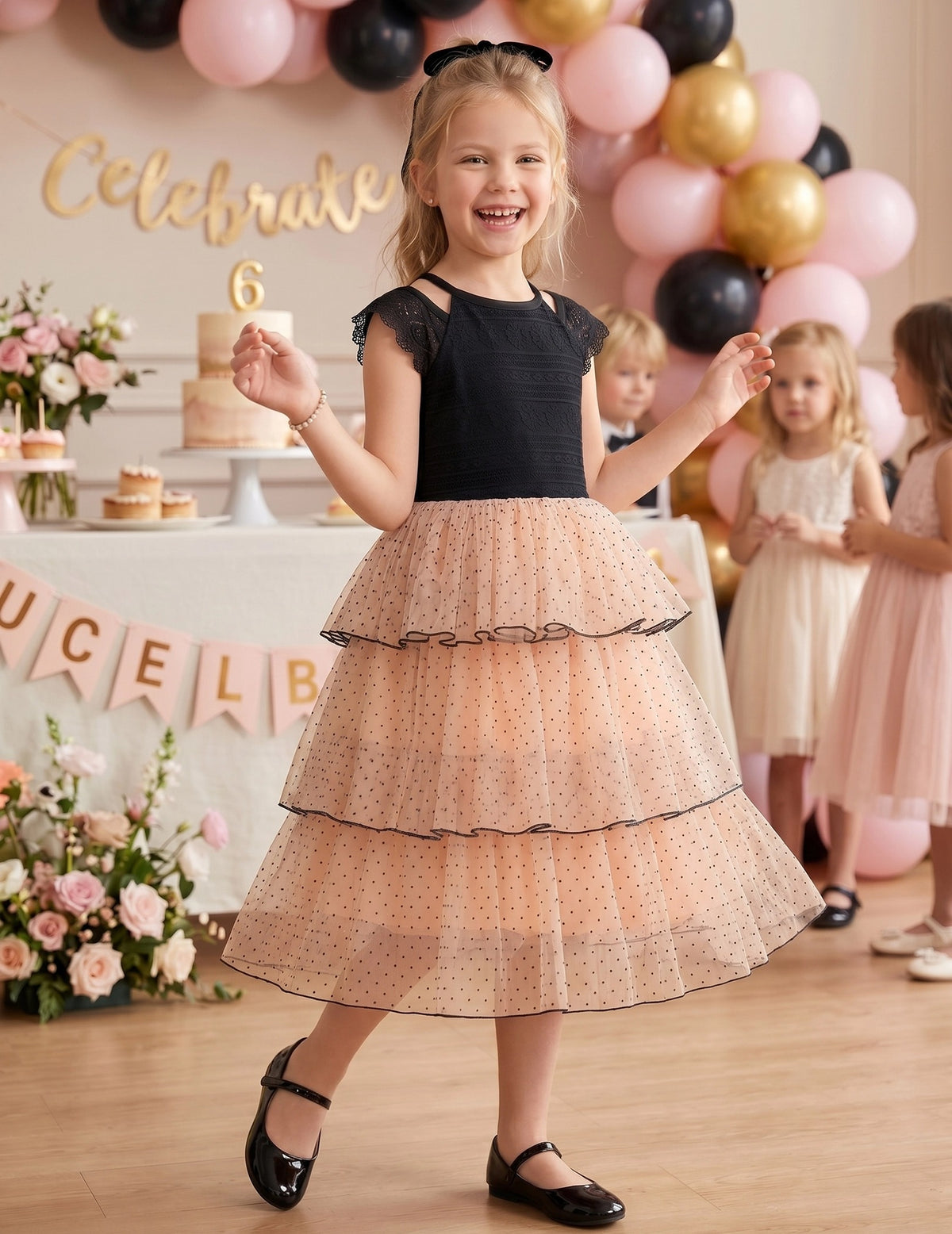 Girls Dress Purple Lace V Neck Tulle Layered Party Wedding Birthday Pageant Blush Polka Dot