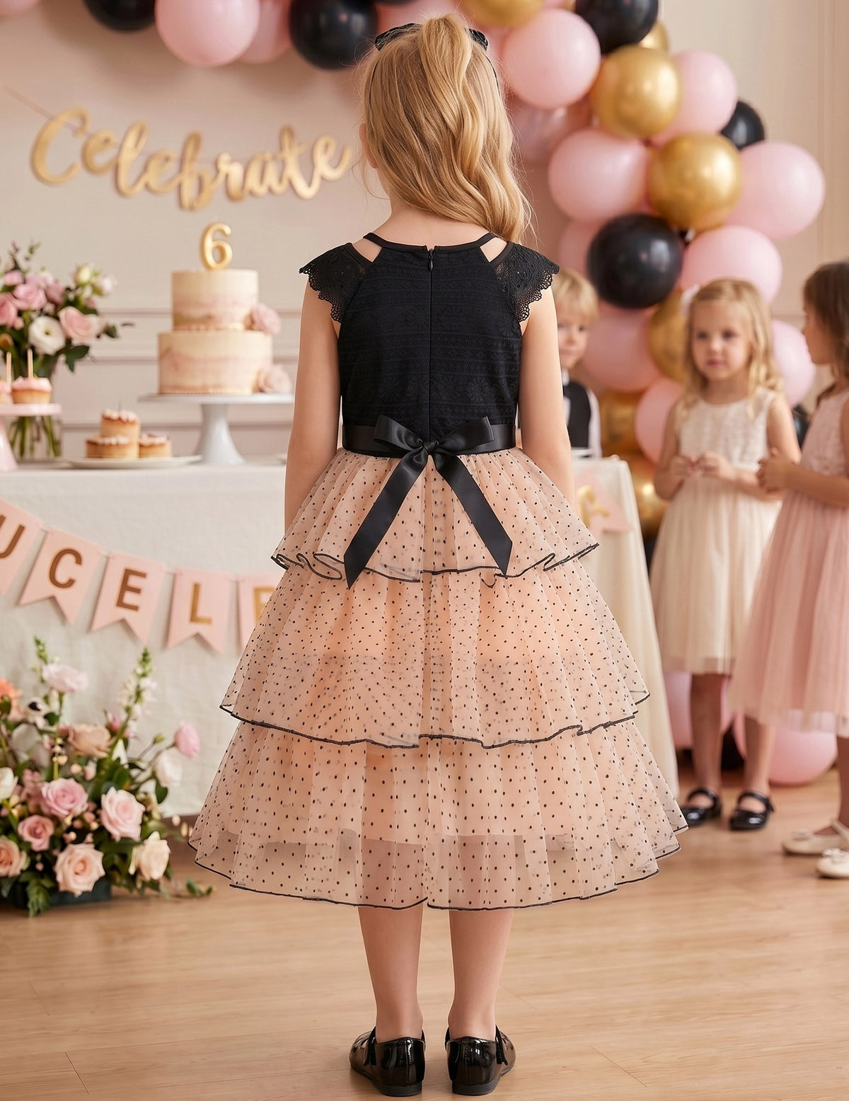 Girls Dress Purple Lace V Neck Tulle Layered Party Wedding Birthday Pageant Blush Polka Dot