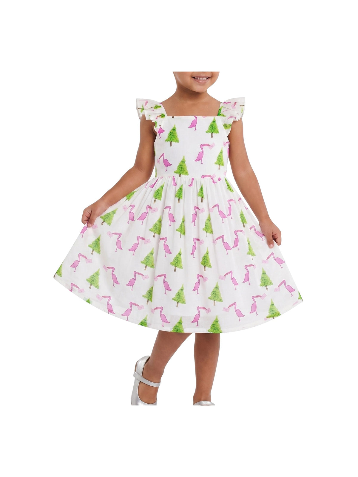 Girls Dress Bow Tie Cherry Fruit Overlap Design Red White Flamingo Print