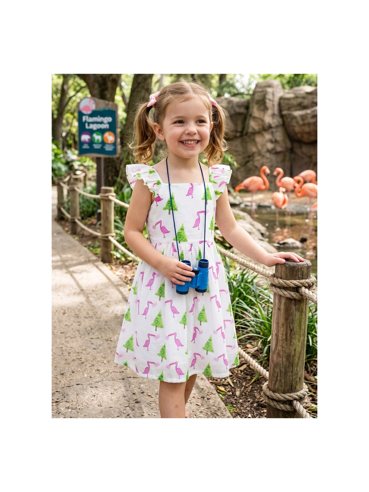 Girls Dress Bow Tie Cherry Fruit Overlap Design Red White Flamingo Print