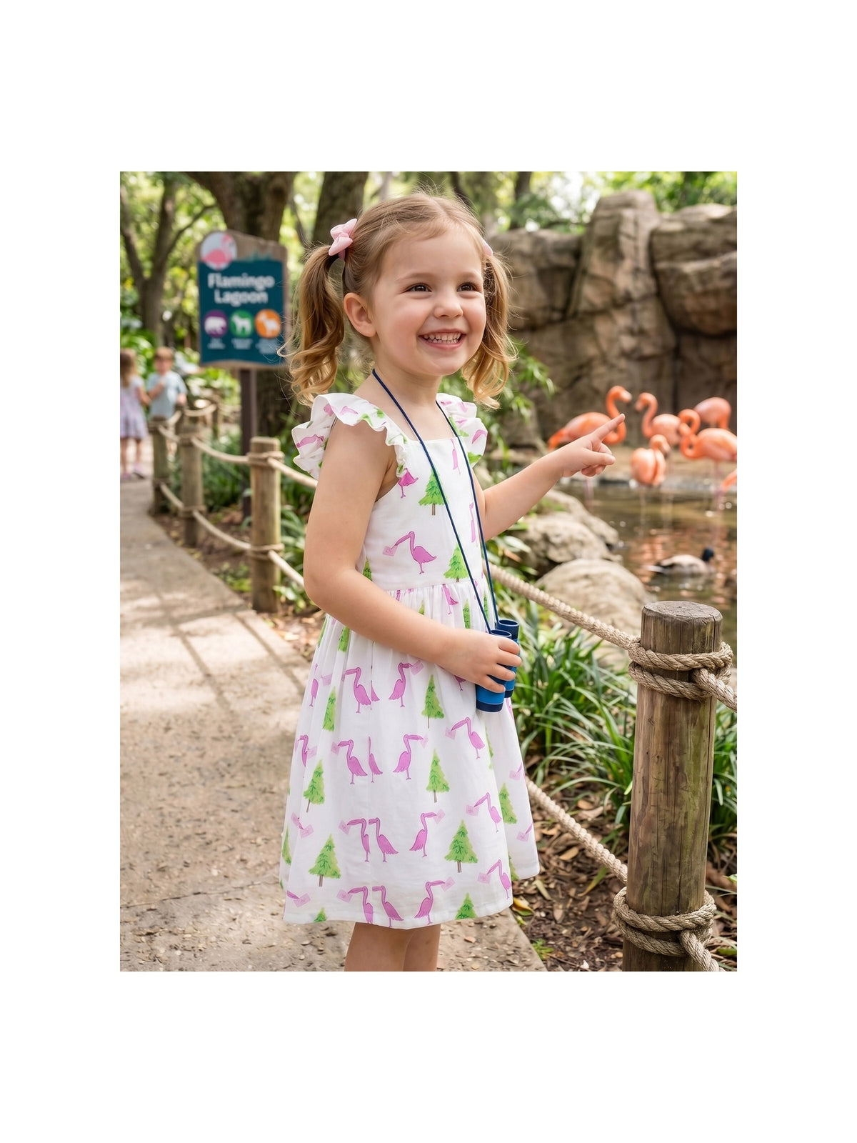 Girls Dress Bow Tie Cherry Fruit Overlap Design Red White Flamingo Print