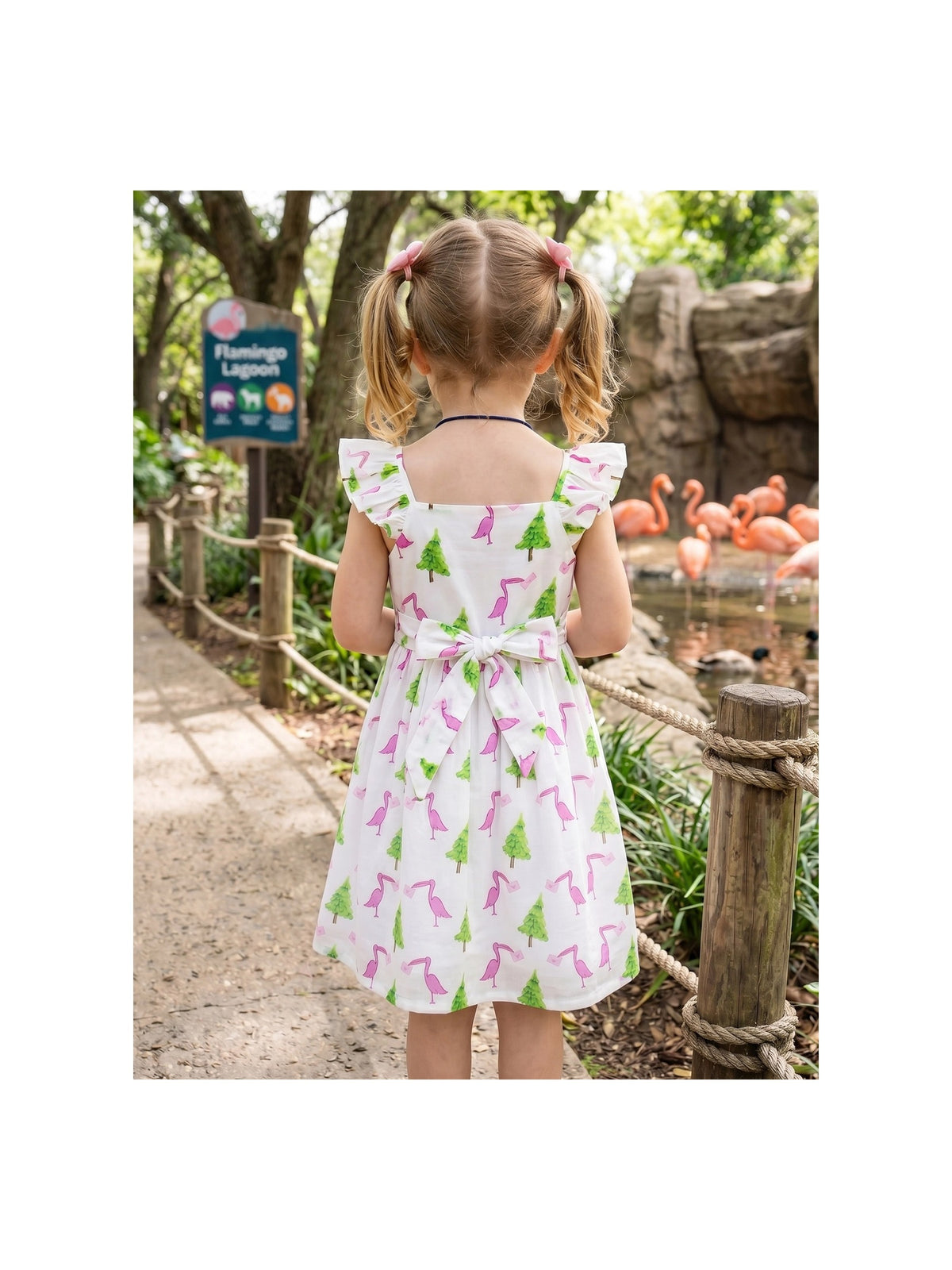 Girls Dress Bow Tie Cherry Fruit Overlap Design Red White Flamingo Print
