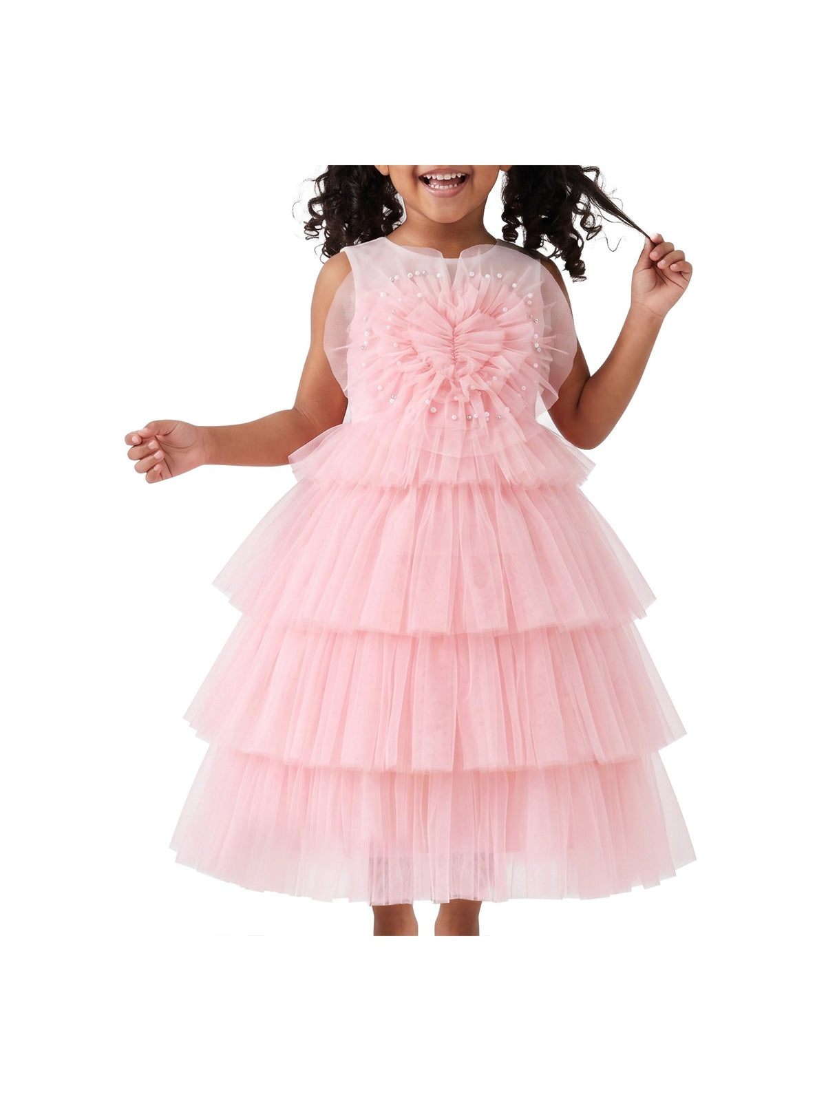 Girls Dress Light Pink Tulle Heart Sleeveless Party Layer Tiered Wedding Formal Dresses Ankle Light Pink Tulle